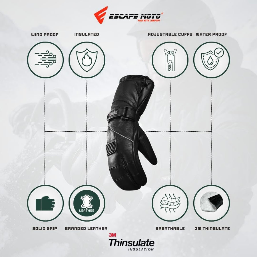 Moufles Escape Snowmobile à 3 doigts – Cuir imperméable, chauds et confortables