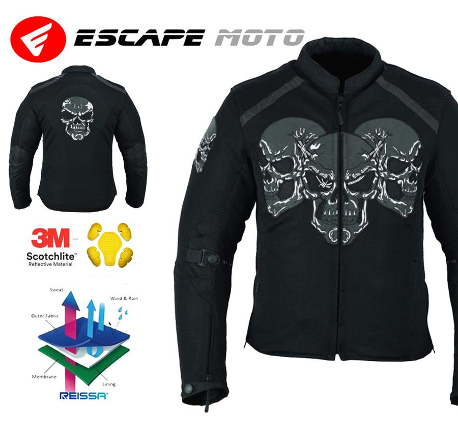 VESTE DE MOTO CRÂNE NOIRE POUR HOMMES AVEC DOUBLURE AMOVIBLE AVEC ARMURE (EM10366)