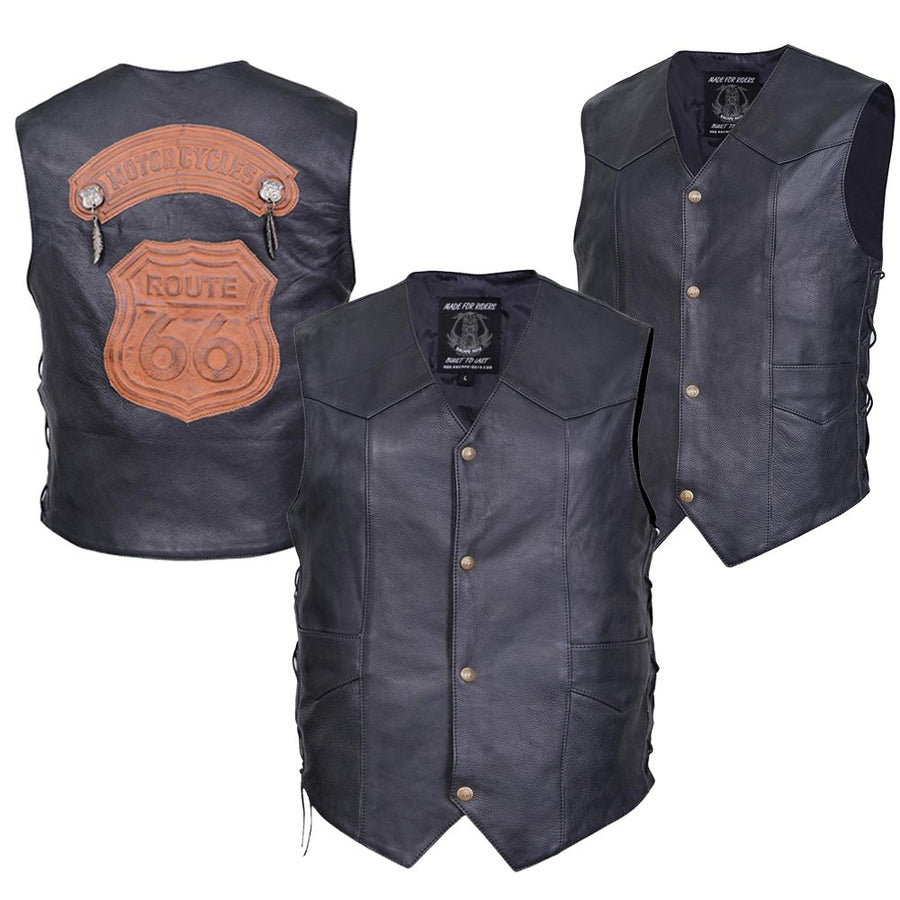 Gilet de motard classique Route 66 en cuir véritable – Un essentiel intemporel pour les passionnés de moto image 0