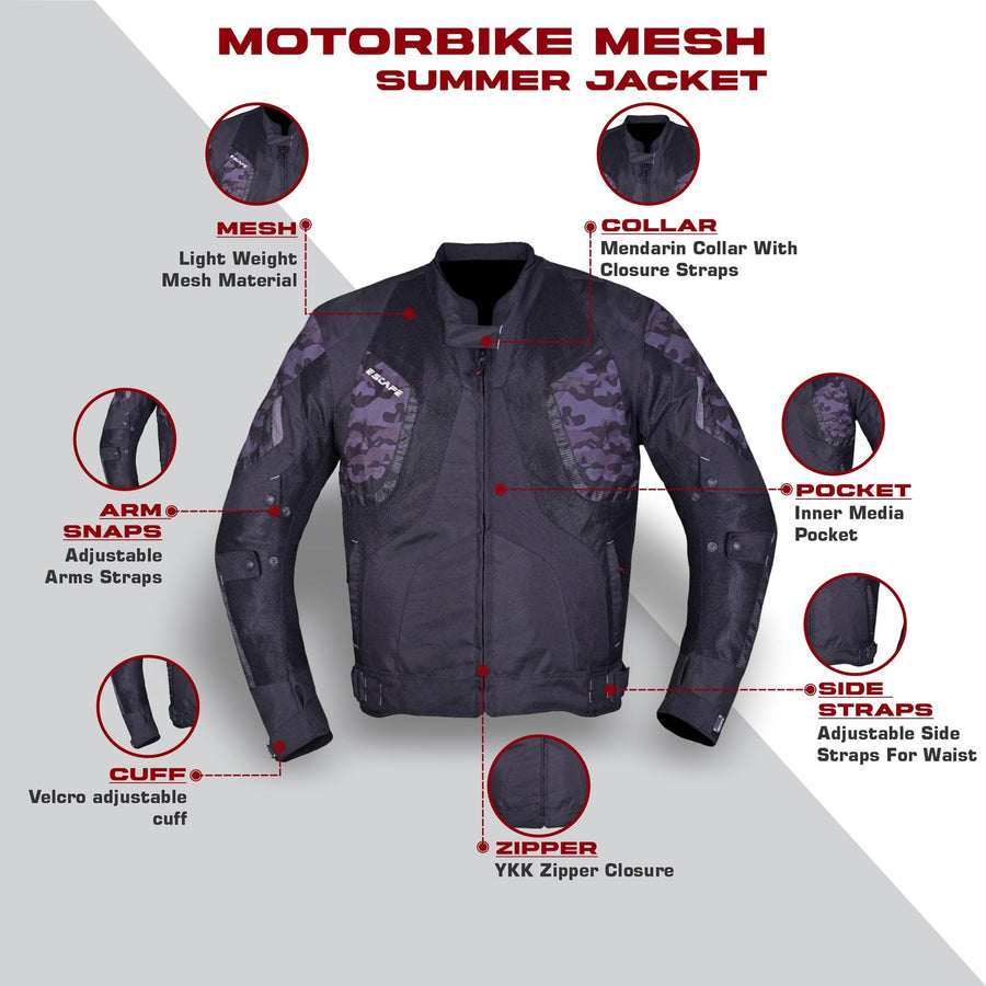 Veste de moto en mesh camouflage pour homme – Imperméable avec protections homologuées CE