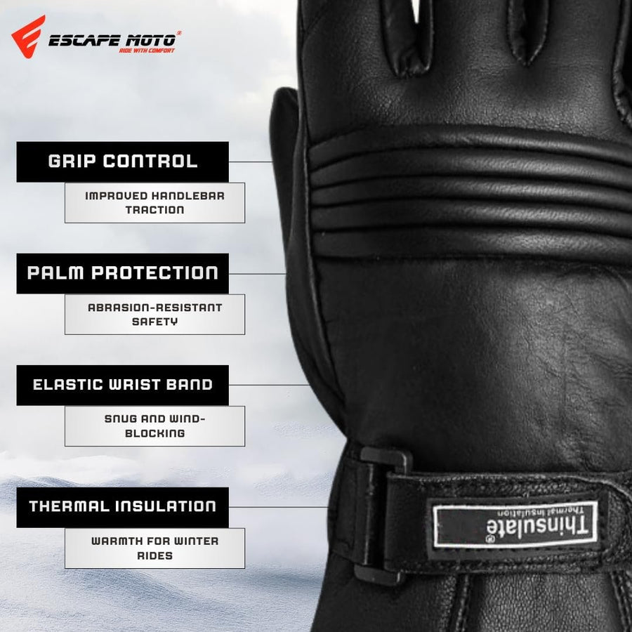 Gants de moto d'hiver Escape pour hommes, en cuir souple véritable de qualité supérieure, coupe-vent et thermiques Thinsulate.