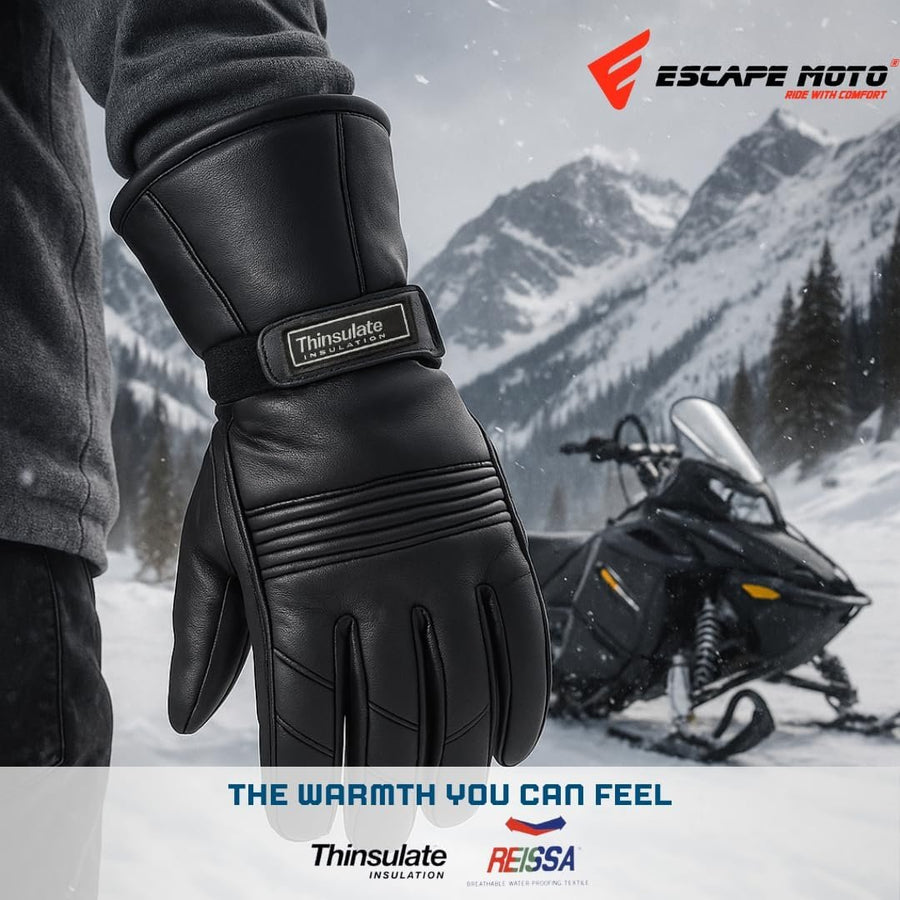 Gants de moto d'hiver Escape pour hommes, en cuir souple véritable de qualité supérieure, coupe-vent et thermiques Thinsulate.