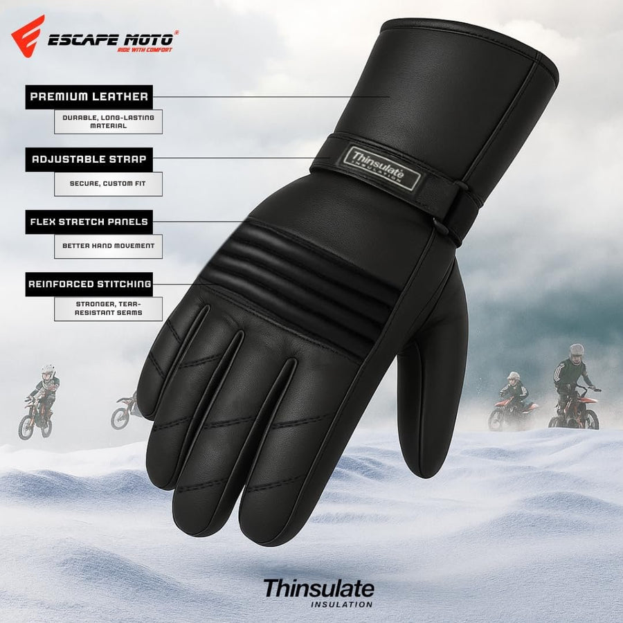 Gants de moto d'hiver Escape pour hommes, en cuir souple véritable de qualité supérieure, coupe-vent et thermiques Thinsulate.