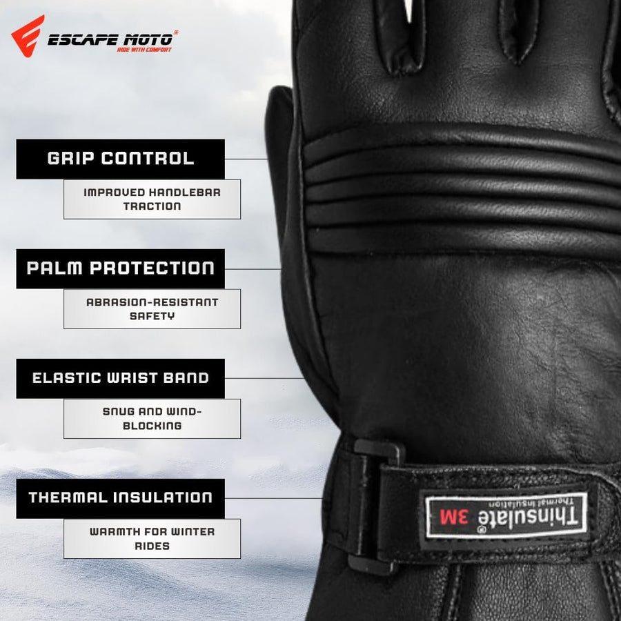 Escape Men’s Genuine Leather Winter Motorcycle Gloves – Windproof 3M Thinsulate Insulated Biker Gauntlet Gloves image 0
