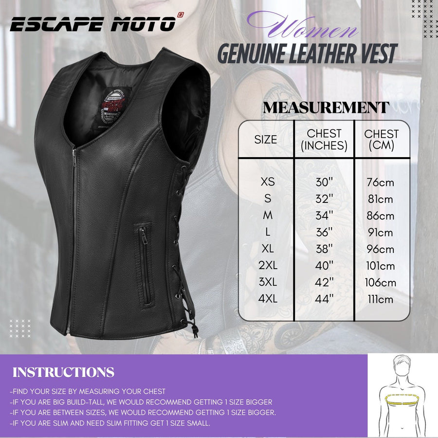 Veste de moto classique en cuir véritable souple pour femme Escape Apparel – Gilet de motarde avec lacets latéraux noirs