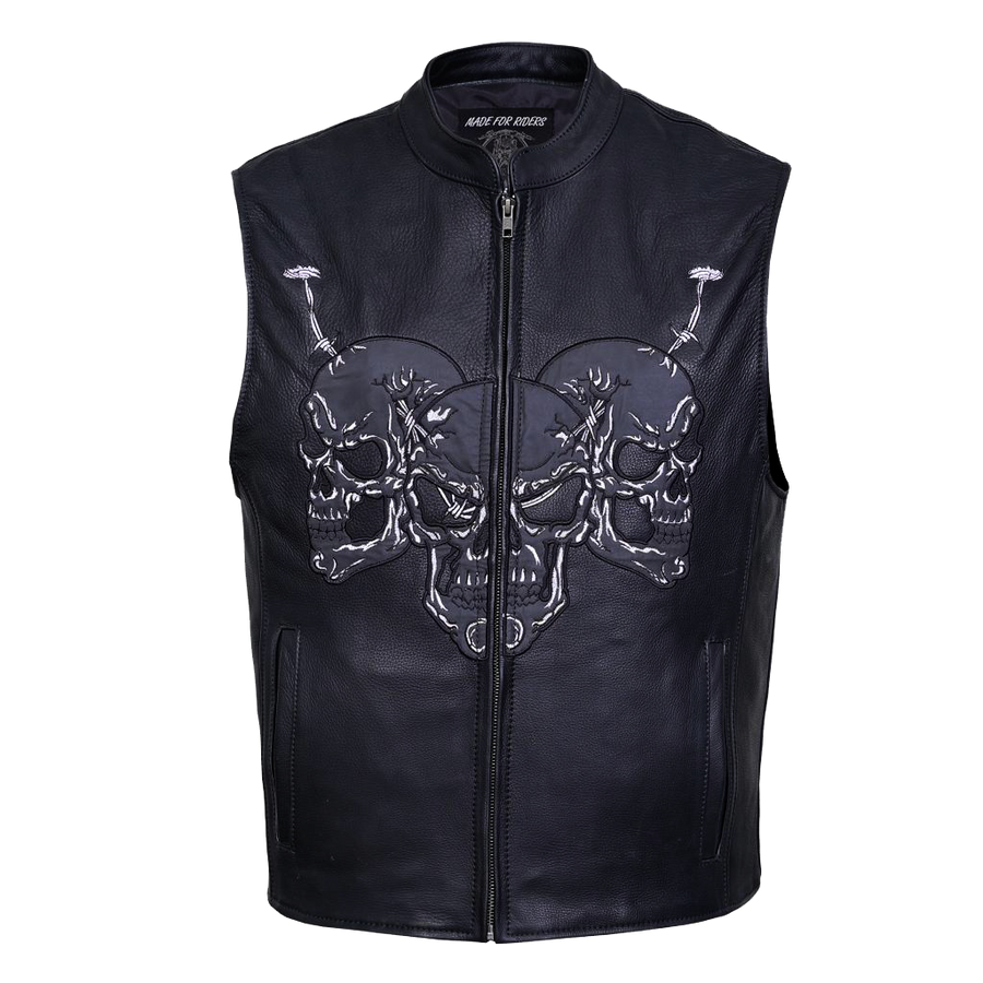 Gilet de motard haut de gamme en cuir – Modèle Riders Club avec motif tête de mort réfléchissant image 0