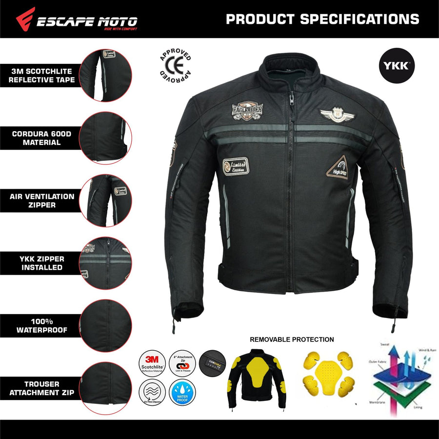 Manteau d'été en maille noire pour hommes + VESTE DE MOTO IMPERMÉABLE RACING ROUTE 66 POUR HOMMES AVEC BLINDÉ