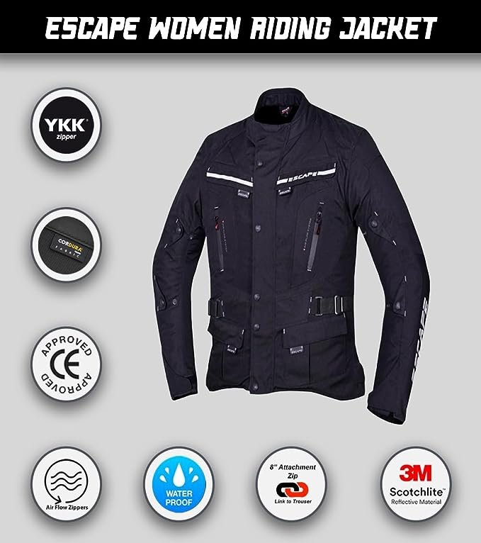 Veste de moto Escape Touring pour femme – En textile, imperméable, toutes saisons, avec doublure et protections CE amovibles