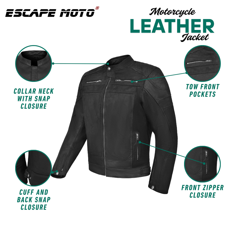 Veste de moto en cuir véritable haut de gamme pour homme – Style vieilli, fermeture éclair, protections intégrées et doublure amovible
