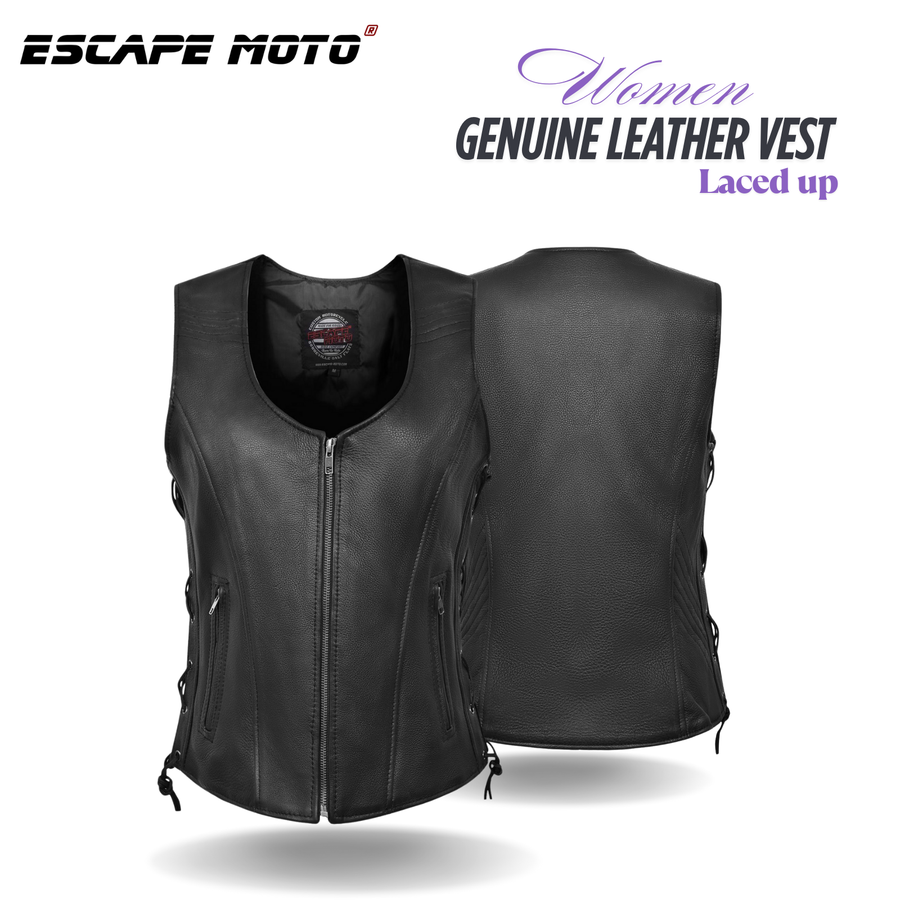 Veste de moto classique en cuir véritable souple pour femme Escape Apparel – Gilet de motarde avec lacets latéraux noirs
