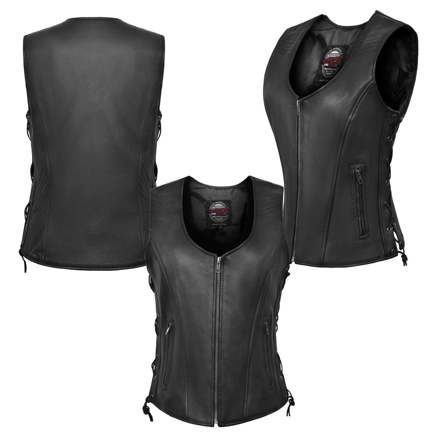 Veste de moto classique en cuir véritable souple pour femme Escape Apparel – Gilet de motarde avec lacets latéraux noirs