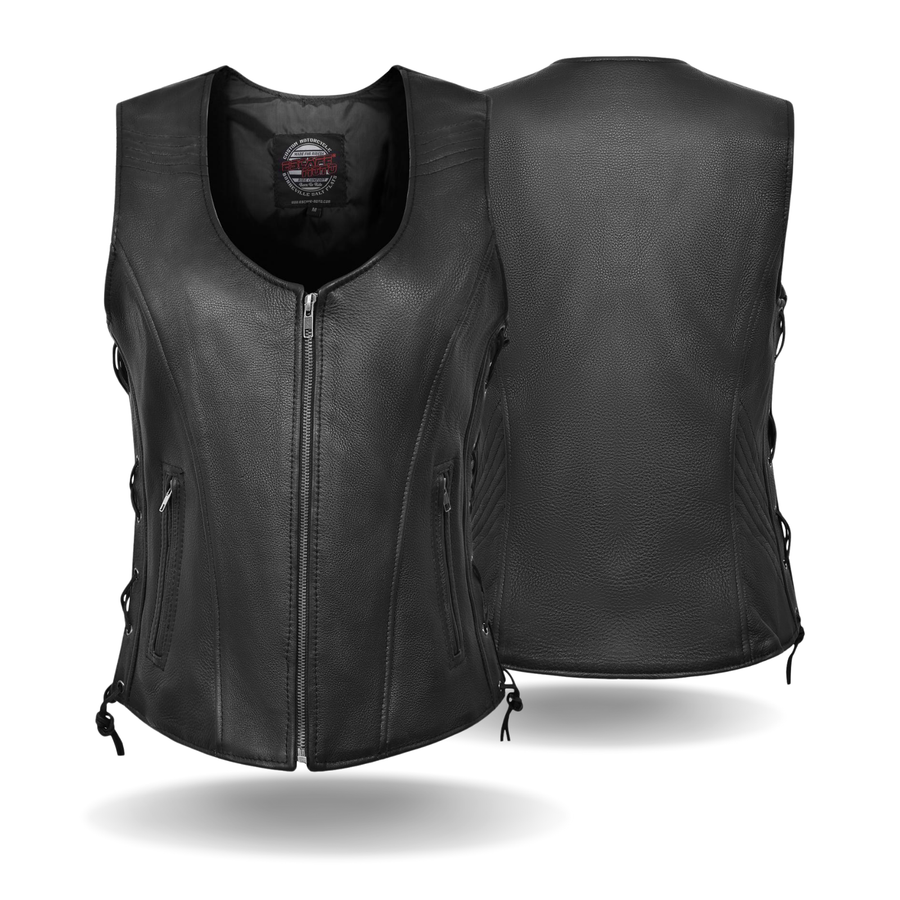 Veste de moto classique en cuir véritable souple pour femme Escape Apparel – Gilet de motarde avec lacets latéraux noirs