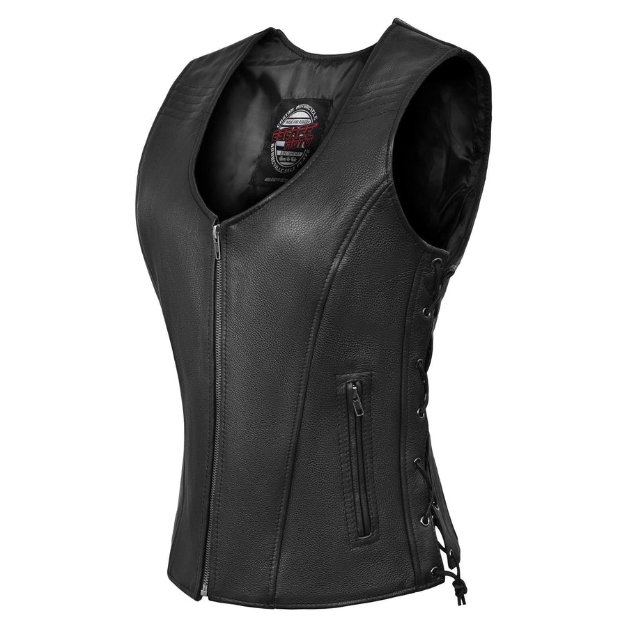 Veste de moto classique en cuir véritable souple pour femme Escape Apparel – Gilet de motarde avec lacets latéraux noirs
