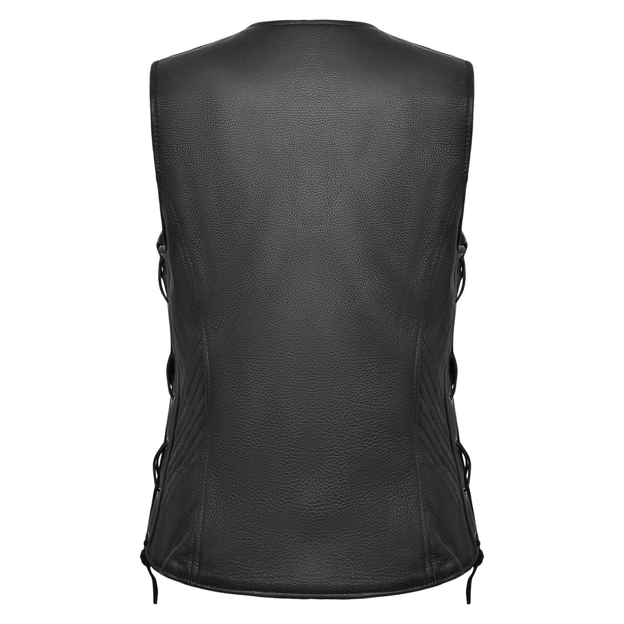 Veste de moto classique en cuir véritable souple pour femme Escape Apparel – Gilet de motarde avec lacets latéraux noirs