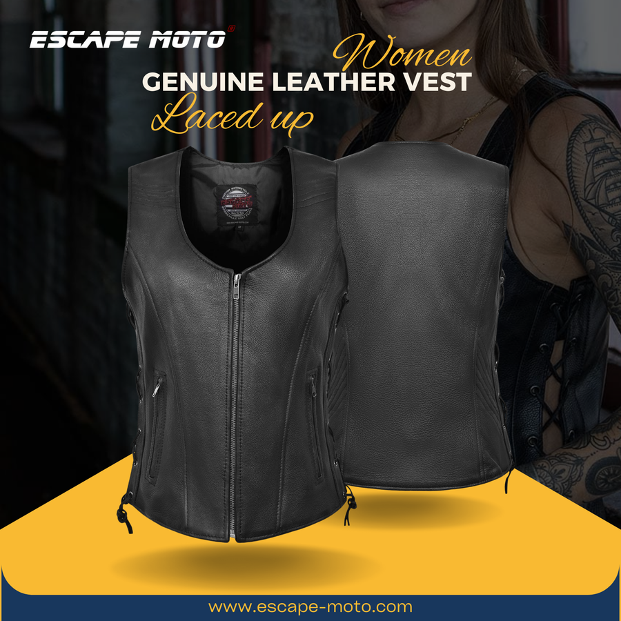 Veste de moto classique en cuir véritable souple pour femme Escape Apparel – Gilet de motarde avec lacets latéraux noirs