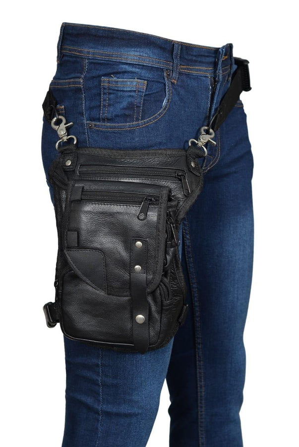 Sac de jambe dissimulé et transporté en cuir noir avec ceinture