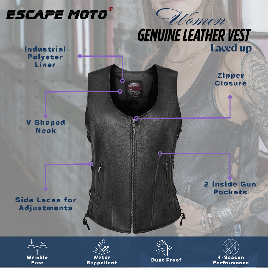 Veste de moto classique en cuir véritable souple pour femme Escape Apparel – Gilet de motarde avec lacets latéraux noirs