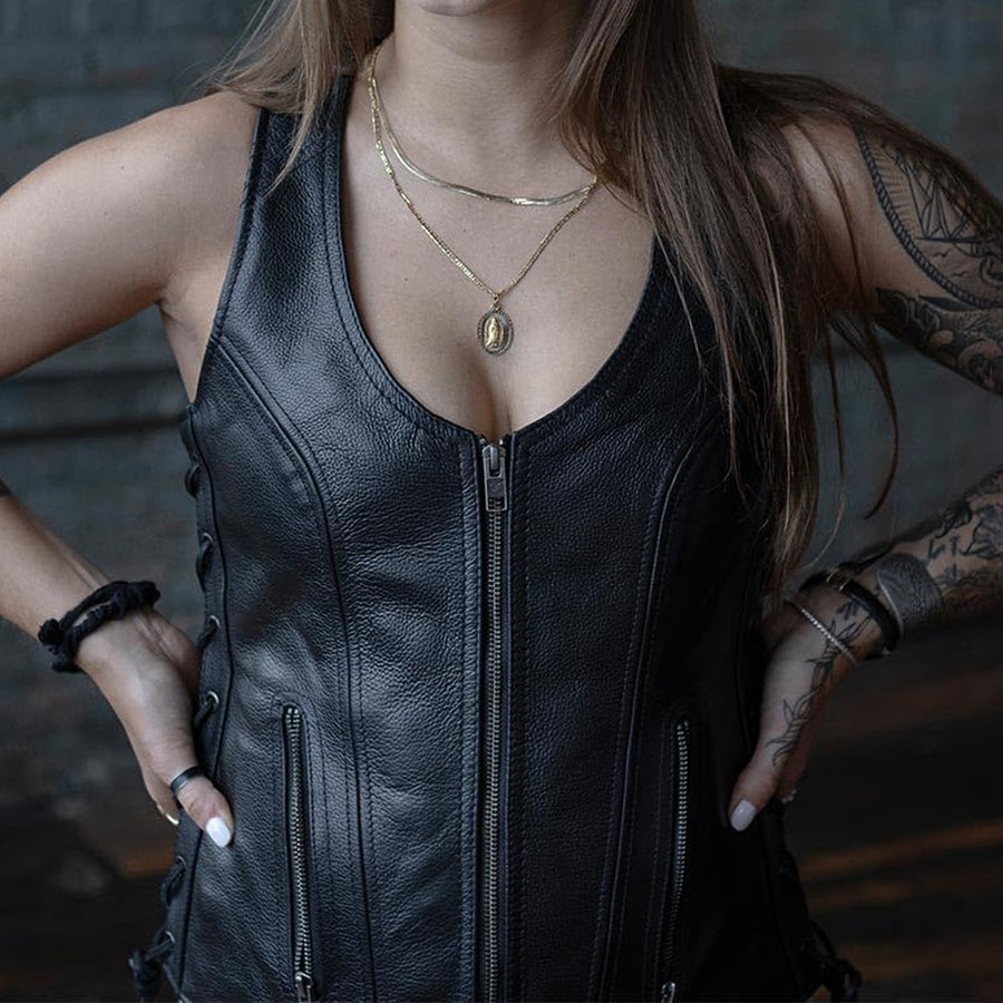 Veste de moto classique en cuir véritable souple pour femme Escape Apparel – Gilet de motarde avec lacets latéraux noirs