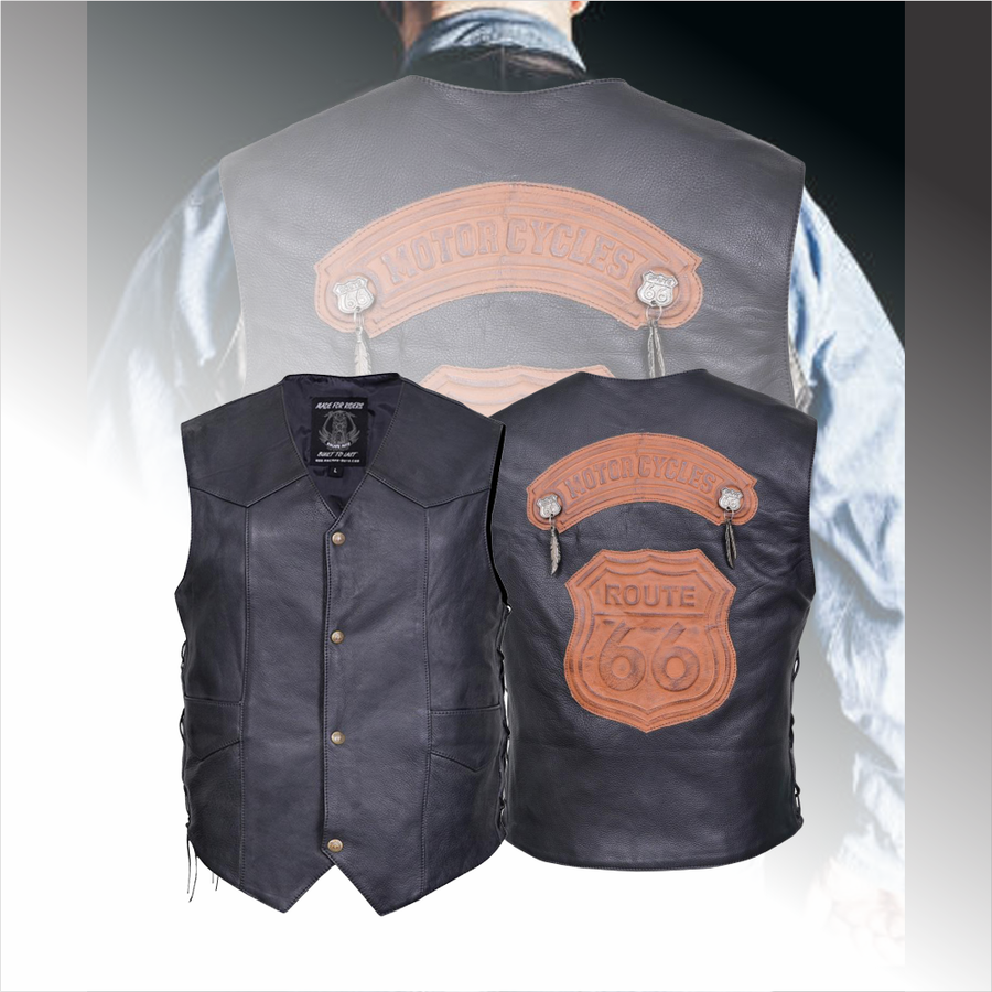 Gilet de motard classique Route 66 en cuir véritable – Un essentiel intemporel pour les passionnés de moto image 0