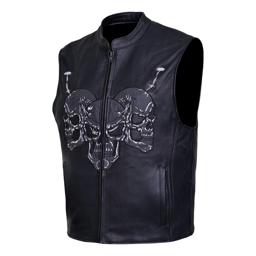 Gilet de motard haut de gamme en cuir – Modèle Riders Club avec motif tête de mort réfléchissant image 0
