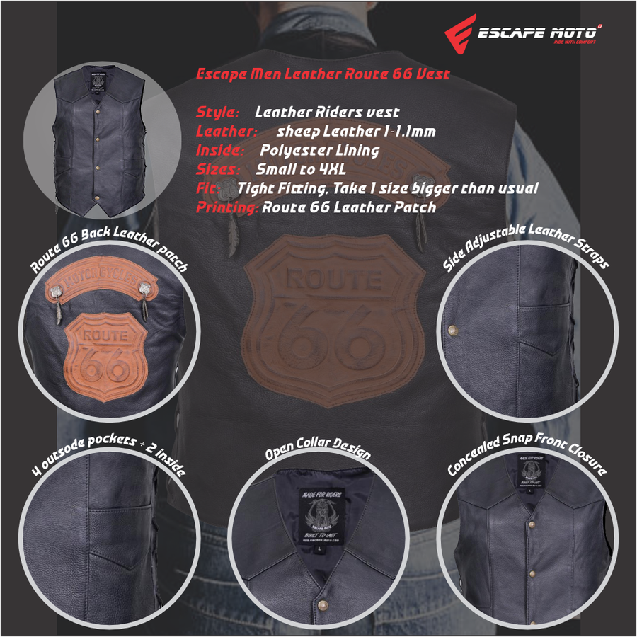 Gilet de motard classique Route 66 en cuir véritable – Un essentiel intemporel pour les passionnés de moto image 0
