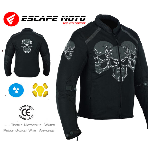 MOTORBIKE MEN BLACK MESH SUMMER SKULL JACKET REMOVABLE LINING WITH ARMORED (EM10366)