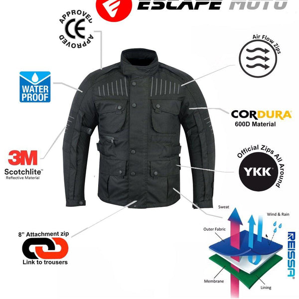 Black Mens Motorbike Textile Jacket (EM10357) - Escape Moto Gears
