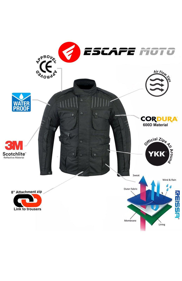 Black Mens Motorbike Textile Jacket (EM10357) - Escape Moto Gears