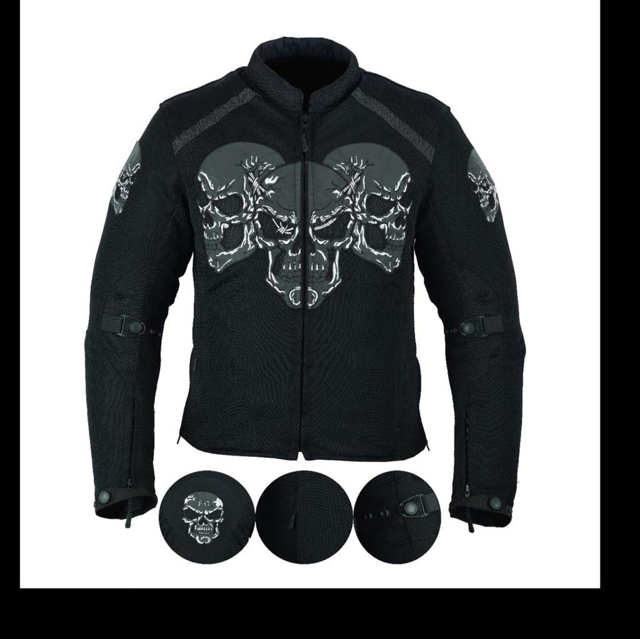 MOTORBIKE MEN BLACK MESH SUMMER SKULL JACKET REMOVABLE LINING WITH ARMORED (EM10366) - Escape Moto Gears