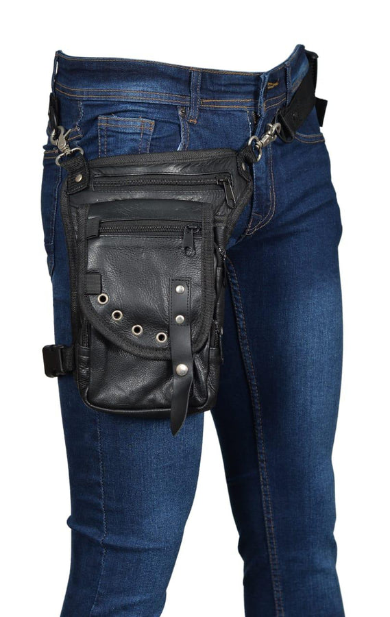 Leather Black Leather Conceal and Carry Leg Bag with Waist Belt