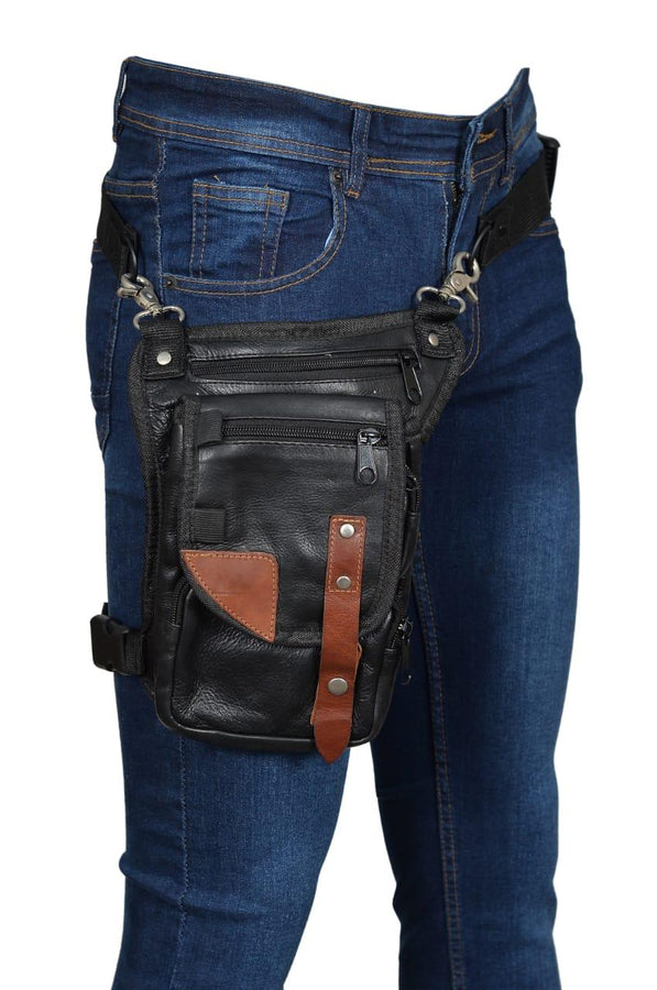 Leather Black Conceal and Carry Leather Thigh Bag with Waist Belt