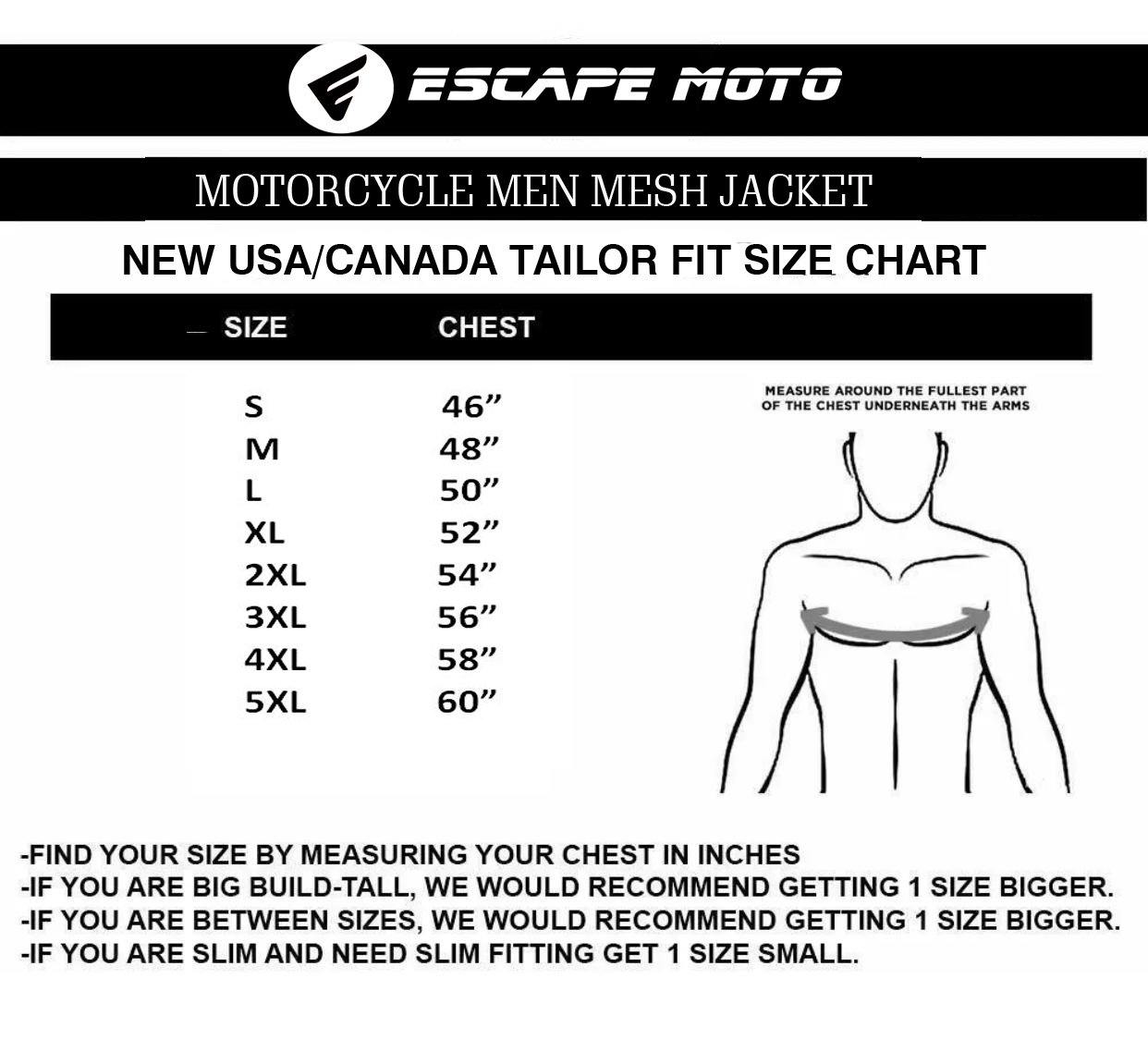 Size-Chart-3 Motorcycle Men Cordura Jacket - Escape Moto Gears