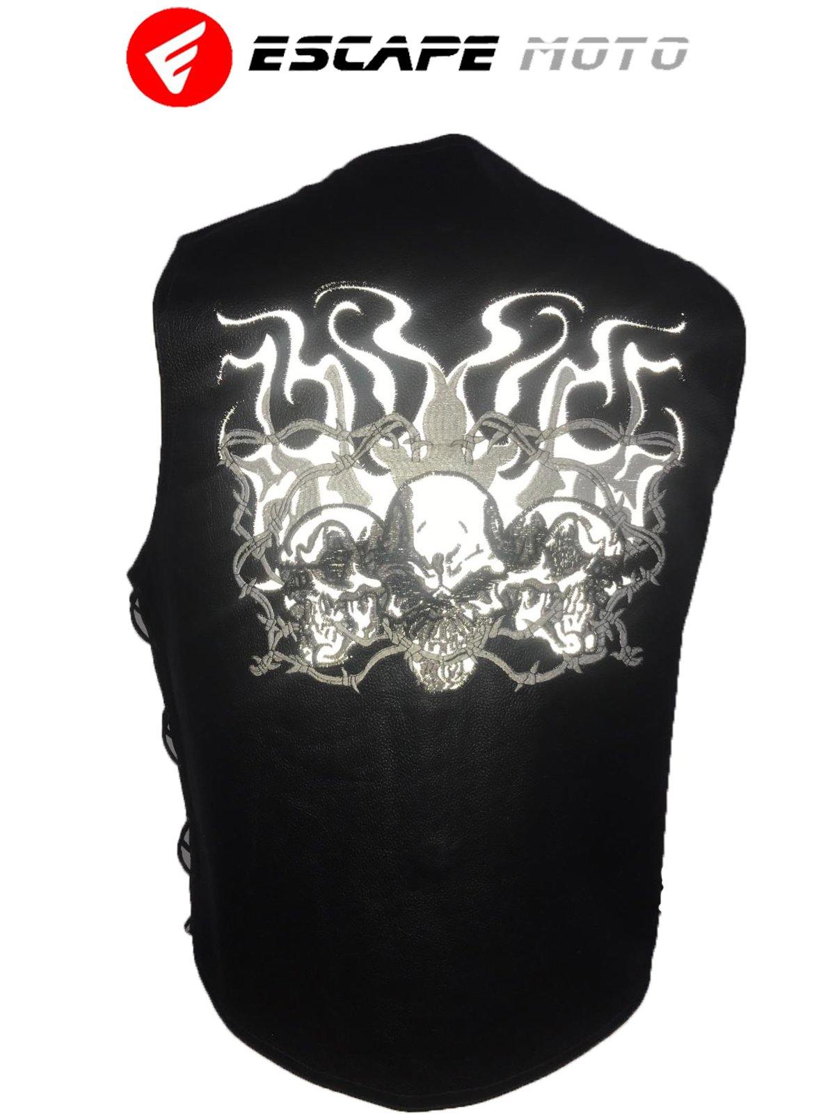 Vest-Skul-Reflact-Back GENUINE LEATHER SKULL VEST (EM10383) - Escape Moto Gears