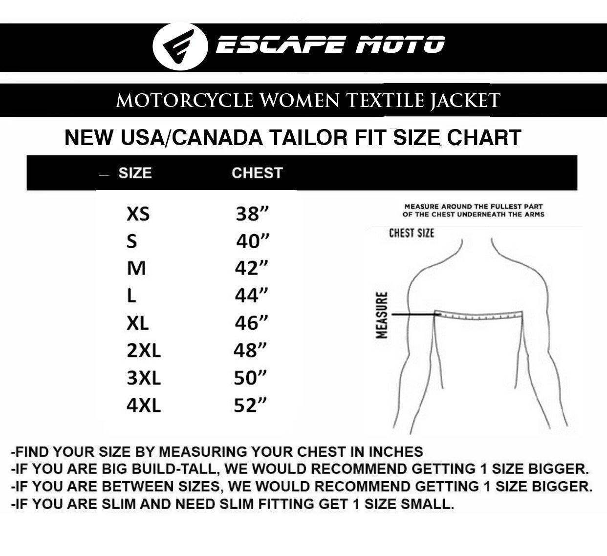sizechart-4 Motorcycle Safety Cordura ladies jacket (EM10356) - Escape Moto Gears