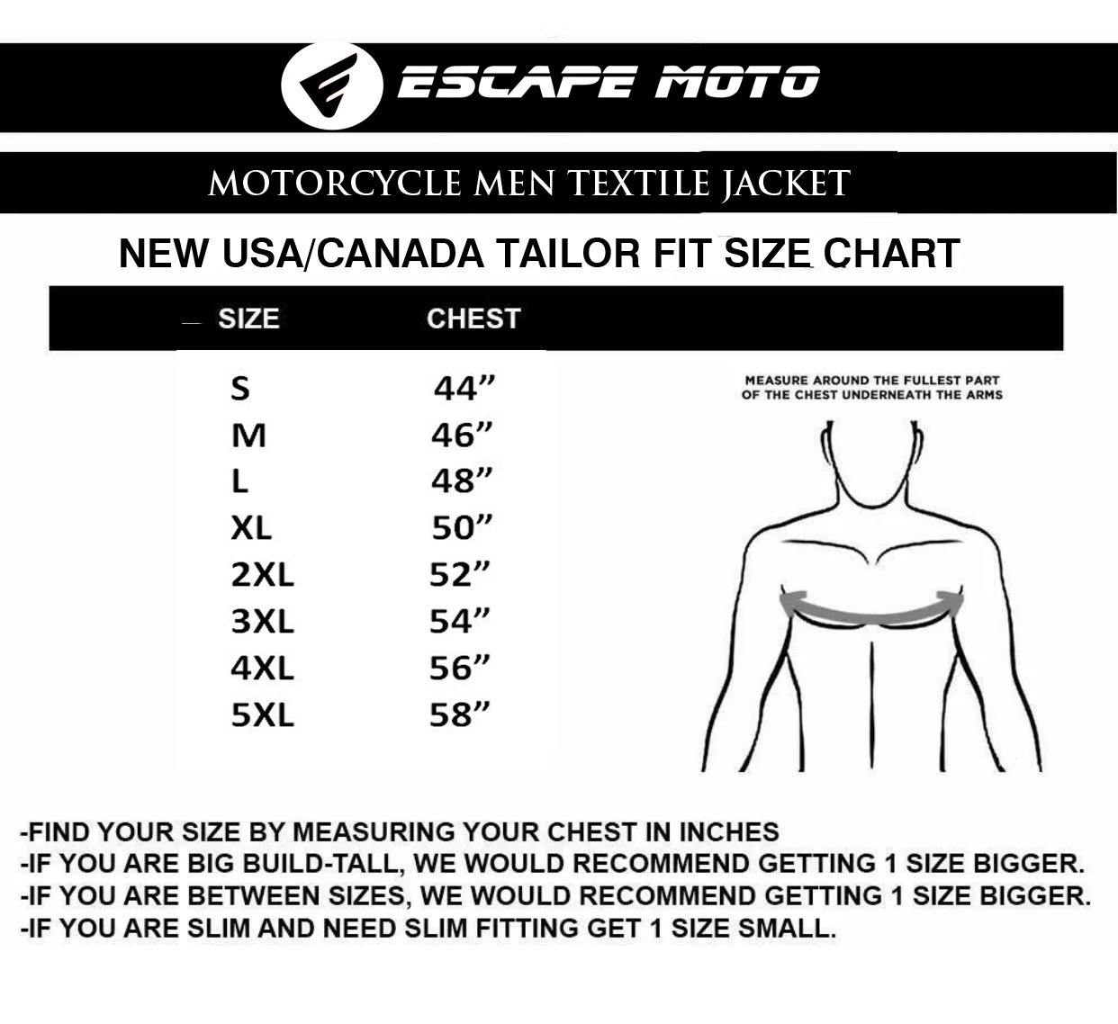 sizechart Motorcycle Textile Racing Men jacket Waterproof with Armored - Escape Moto Gears