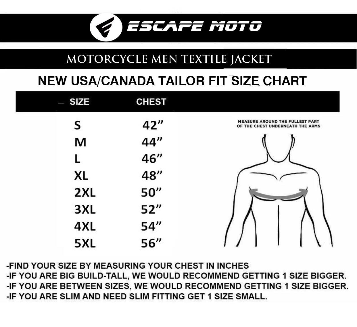 sizechart_6290cf5b-9f43-4efd-93bc-668e917631a2 MOTORCYCLE MEN / WOMEN RIDING TEXTILE JACKET ROUT 66 WATERPROOF WITH ARMORED (EM10370) - Escape Moto Gears