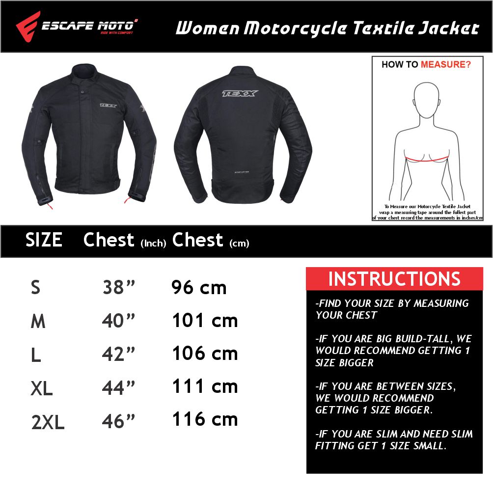 Escape Women Cruiser Jacket-The Ultimate Motorcycle Jacket for Style and Protection-Cordura,Waterproof with Removable Armor (21)size chart