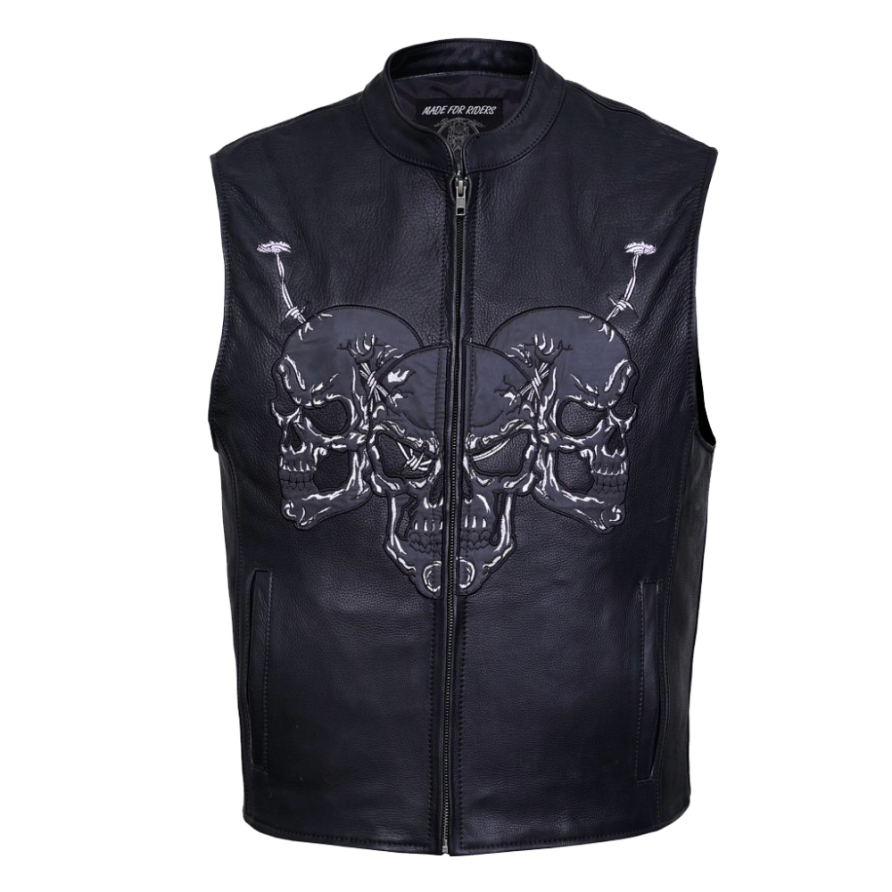Premium Leather Riders Club Vest Reflective Skull Leather Vest